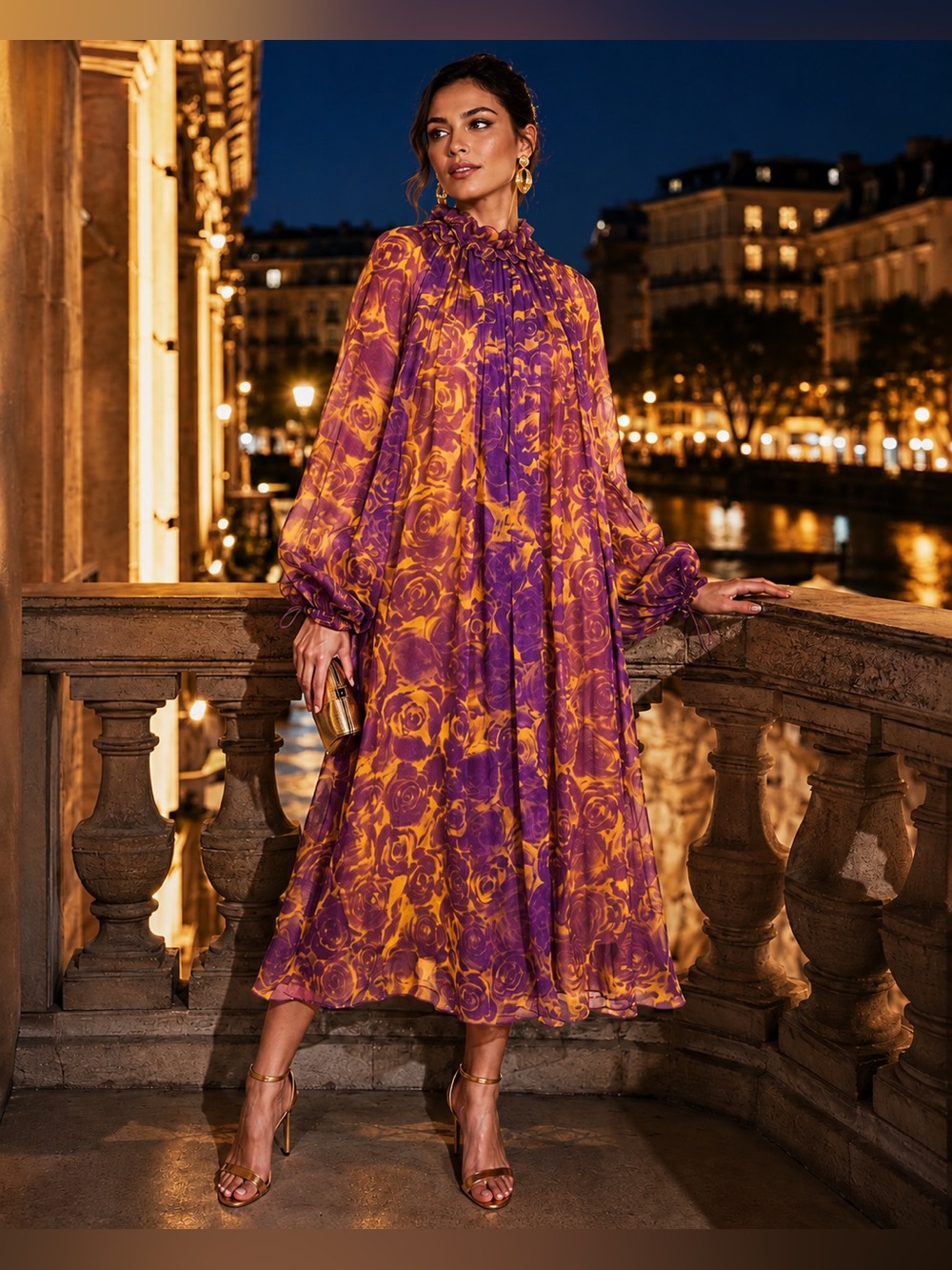 BURBERRY $4,990 Purple Rose Print Silk Chiffon Midi Dress NWT
